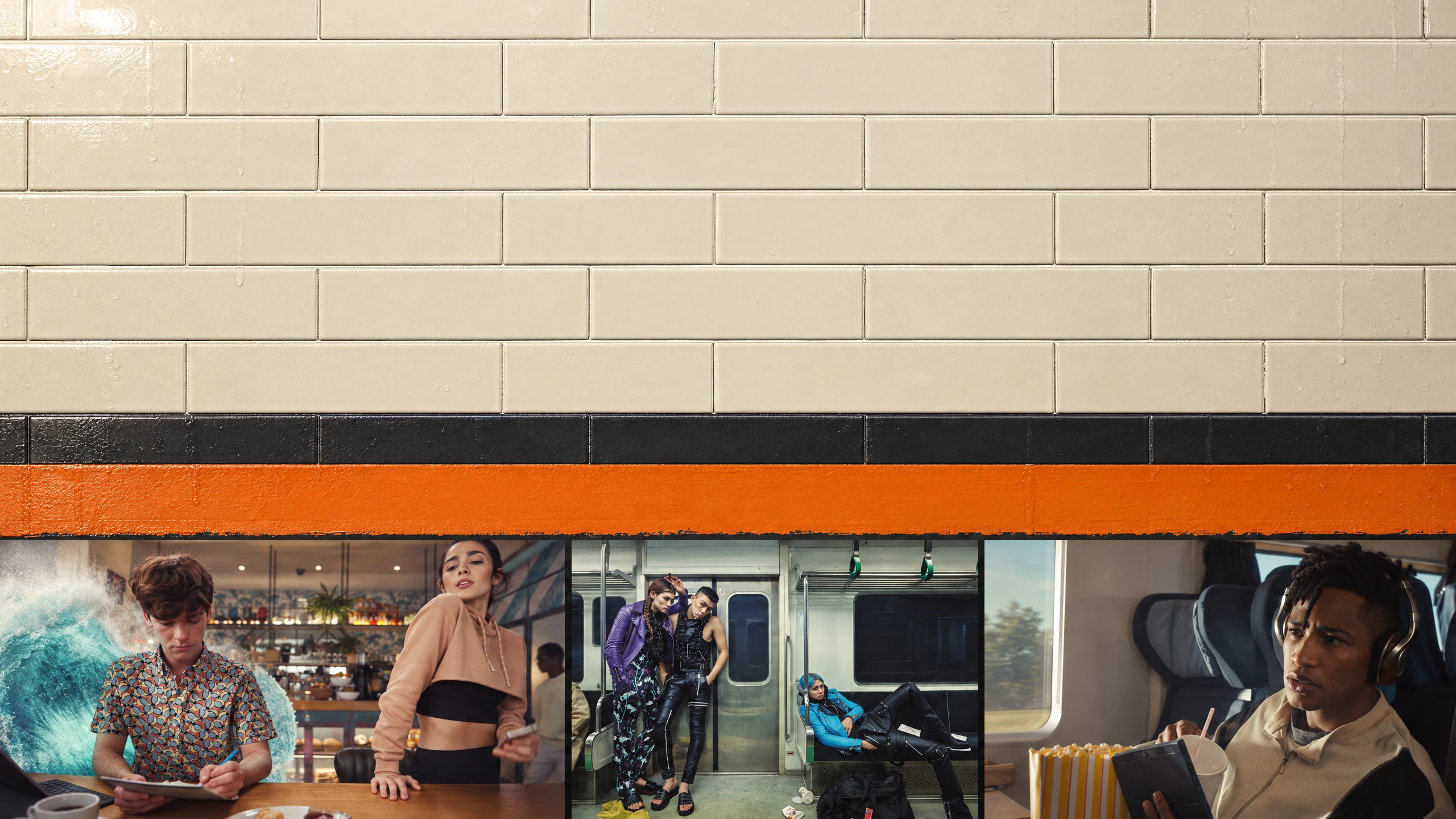 Four original reference stills beneath the black tile and orange platform stripe