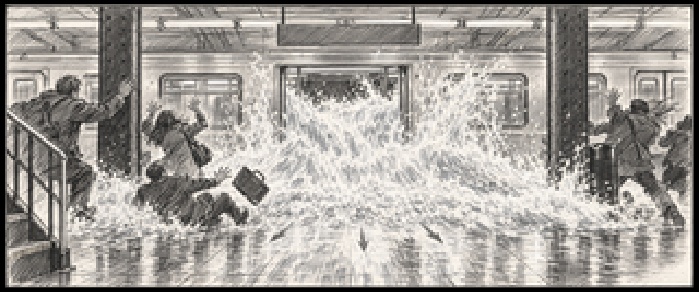 Storyboard sketch of water erupting from the train doors