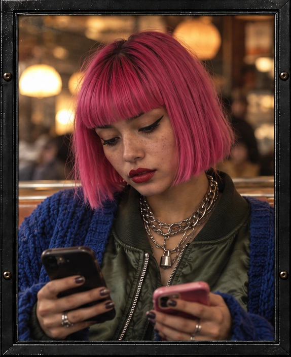 Framed passenger with pink hair using a phone.