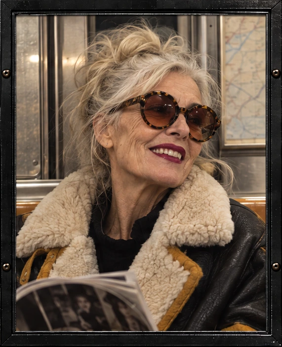 Framed older passenger with sunglasses and a shearling-collar coat.