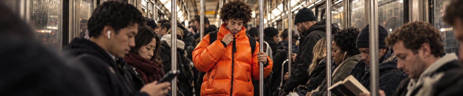 Wide orange-puffer hero surrounded by passengers in the carriage.
