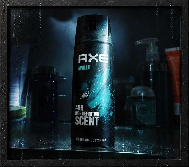 Framed dark AXE Apollo can reference; original 48H scent package lettering retained.