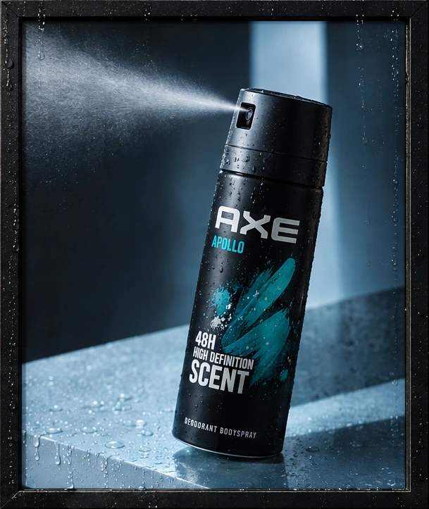 Framed lit AXE Apollo can beauty reference; original 48H scent package lettering retained.
