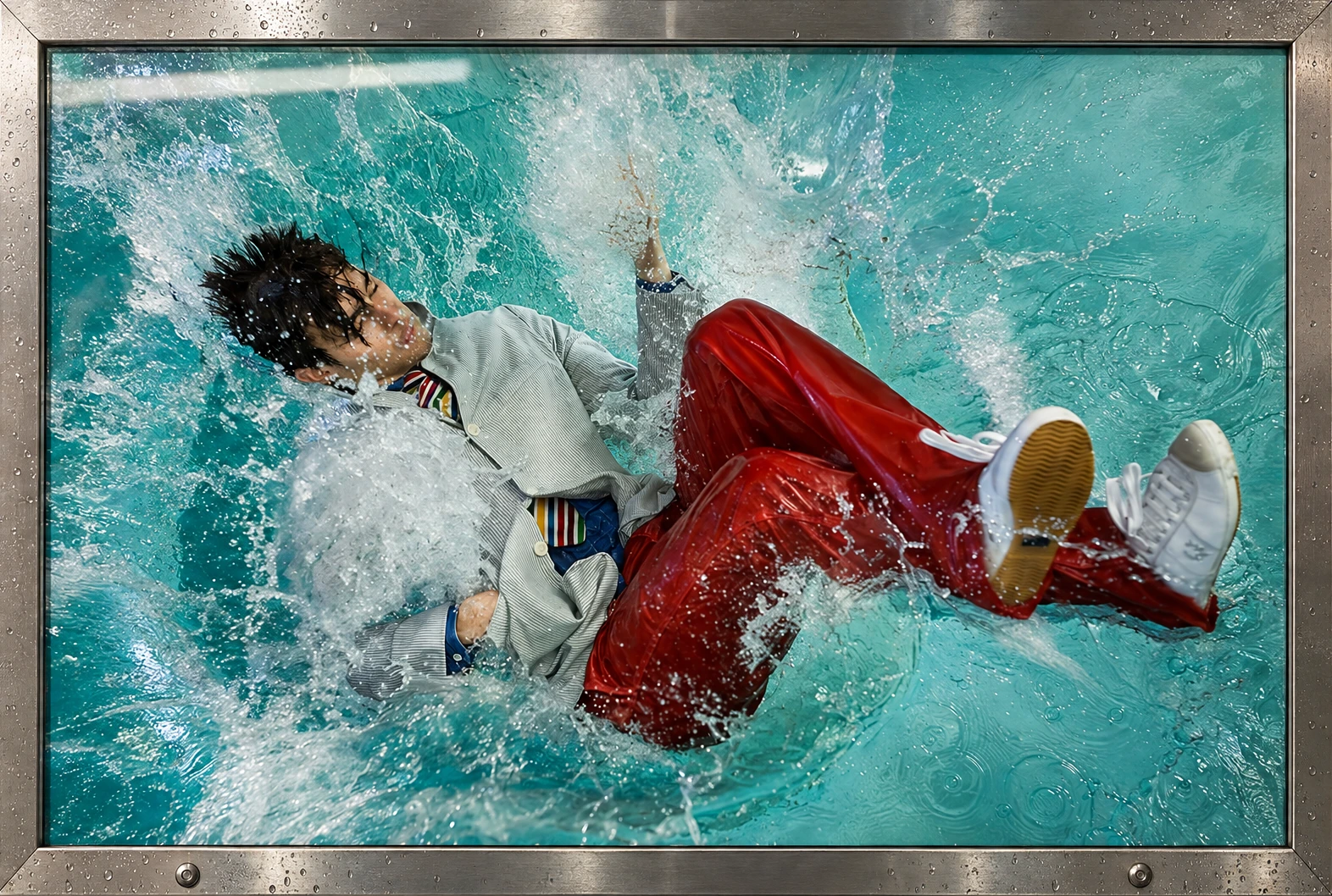 Metal-framed falling figure in red trousers amid a large turquoise splash.