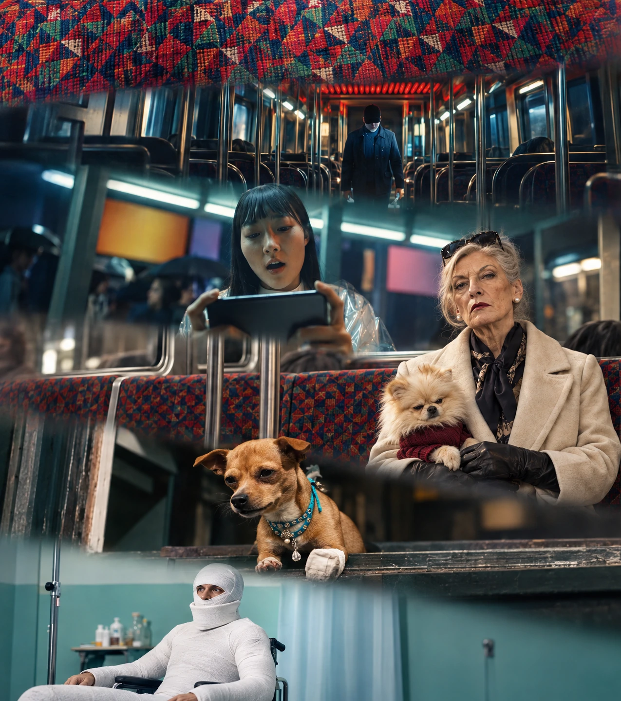 Original train-design/commuter/dog/protected-passenger photo collage; orange puffer fabric and zipper omitted.