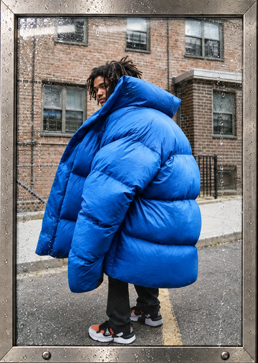 Metal-framed oversized blue puffer reference.