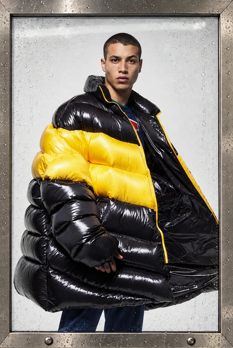 Metal-framed oversized yellow and black puffer reference.